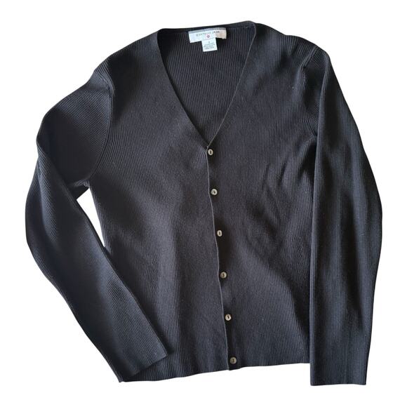 Real Clothes Saks Fifth Avenue Black Knit Cardigan Sweater Ribbed Stripe Large - Picture 5 of 7